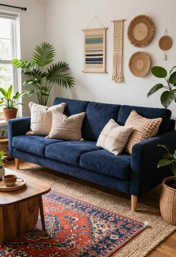 12 Navy Sofa Living Room Ideas with Classic Appeal 2. Coastal Boho Bliss 0