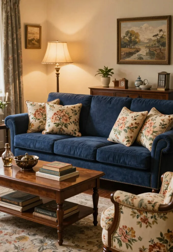 12 Navy Sofa Living Room Ideas with Classic Appeal 3. Classic Vintage Charm 0