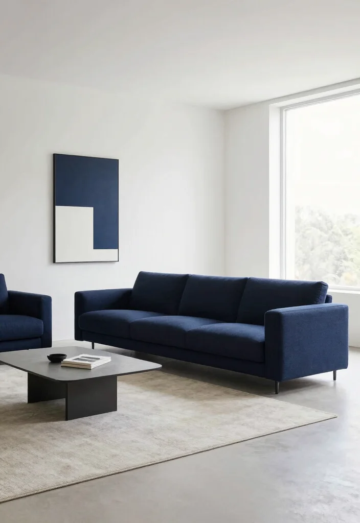 12 Navy Sofa Living Room Ideas with Classic Appeal 4. Modern Minimalism 0