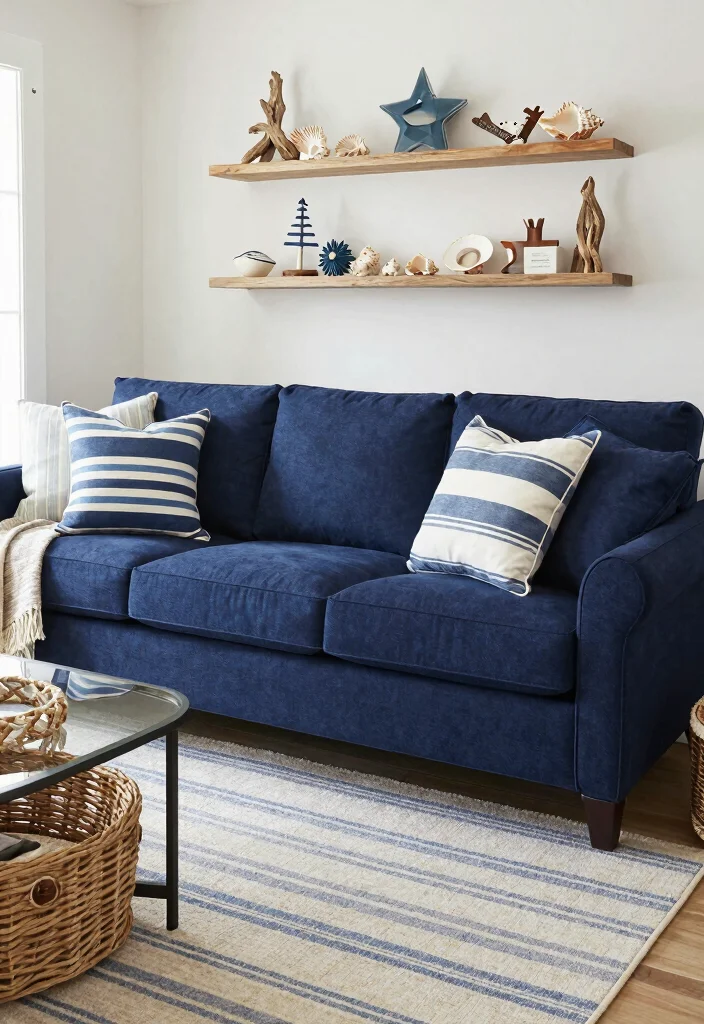 12 Navy Sofa Living Room Ideas with Classic Appeal 5. Nautical Themes 0