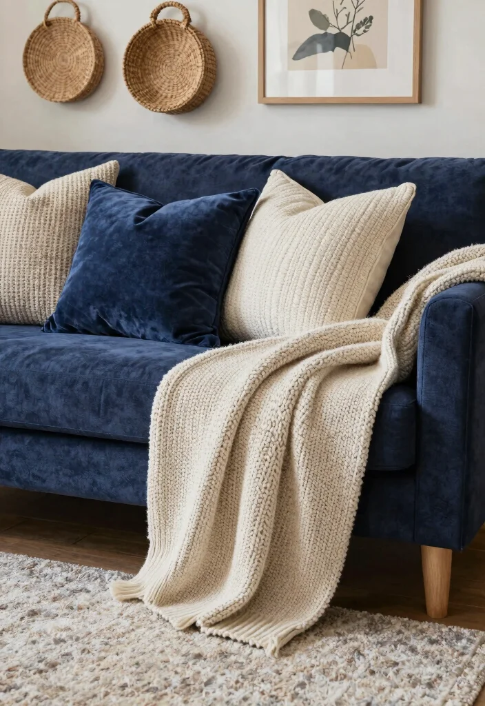 12 Navy Sofa Living Room Ideas with Classic Appeal 6. Textured Layers 0