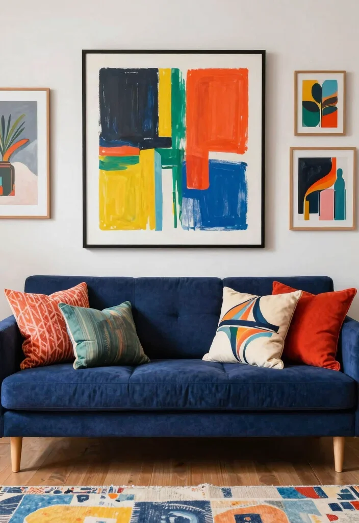 12 Navy Sofa Living Room Ideas with Classic Appeal 7. Artistic Flair 0