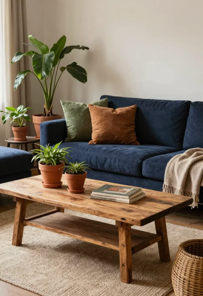 12 Navy Sofa Living Room Ideas with Classic Appeal 8. Earthy Accents 0