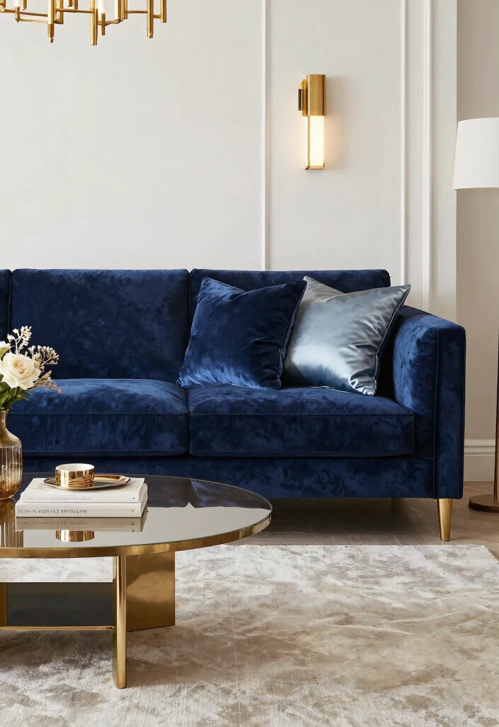 12 Navy Sofa Living Room Ideas with Classic Appeal 9. Glamorous Touches 0