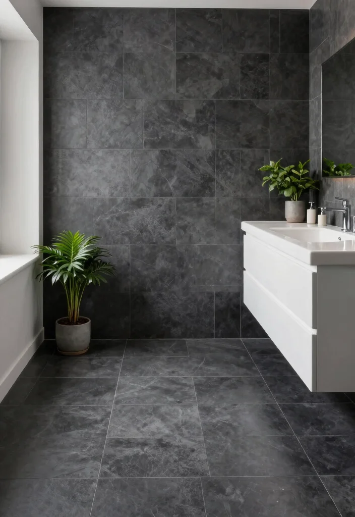 12 Neutral Bathroom Tile Ideas for a Calm Modern Base 11. Elegant Charcoal Tiles 0