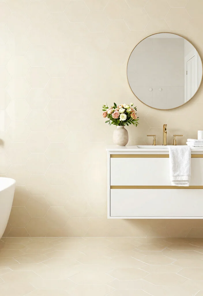 12 Neutral Bathroom Tile Ideas for a Calm Modern Base 3. Dreamy Cream Hexagon Tiles 0