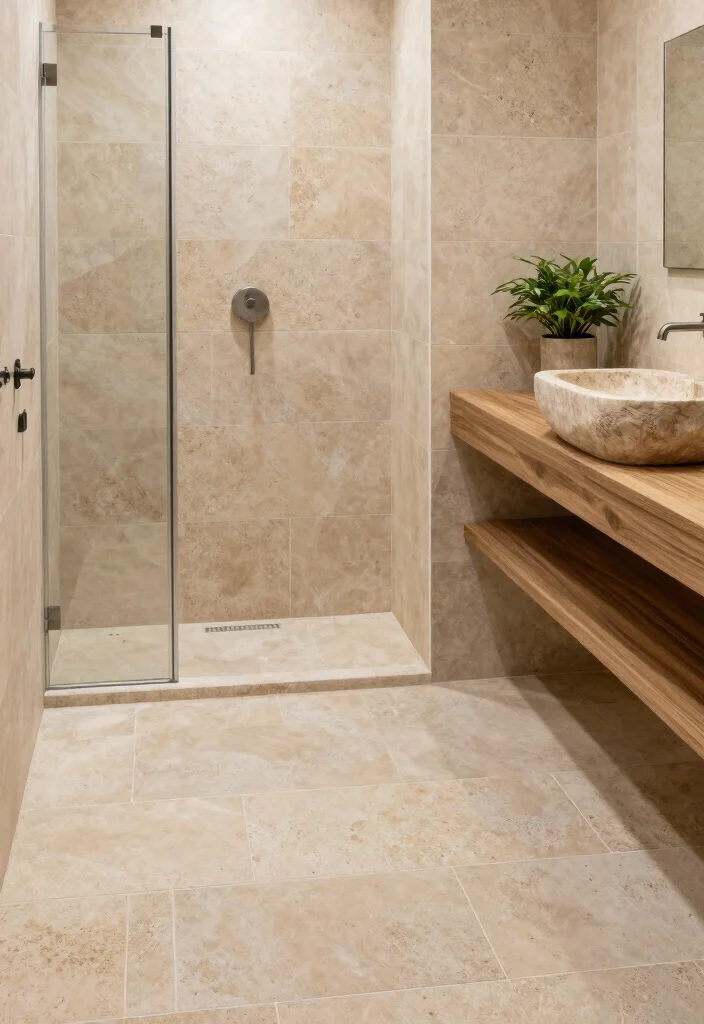 12 Neutral Bathroom Tile Ideas for a Calm Modern Base 5. Subtle Sandstone Tiles 0