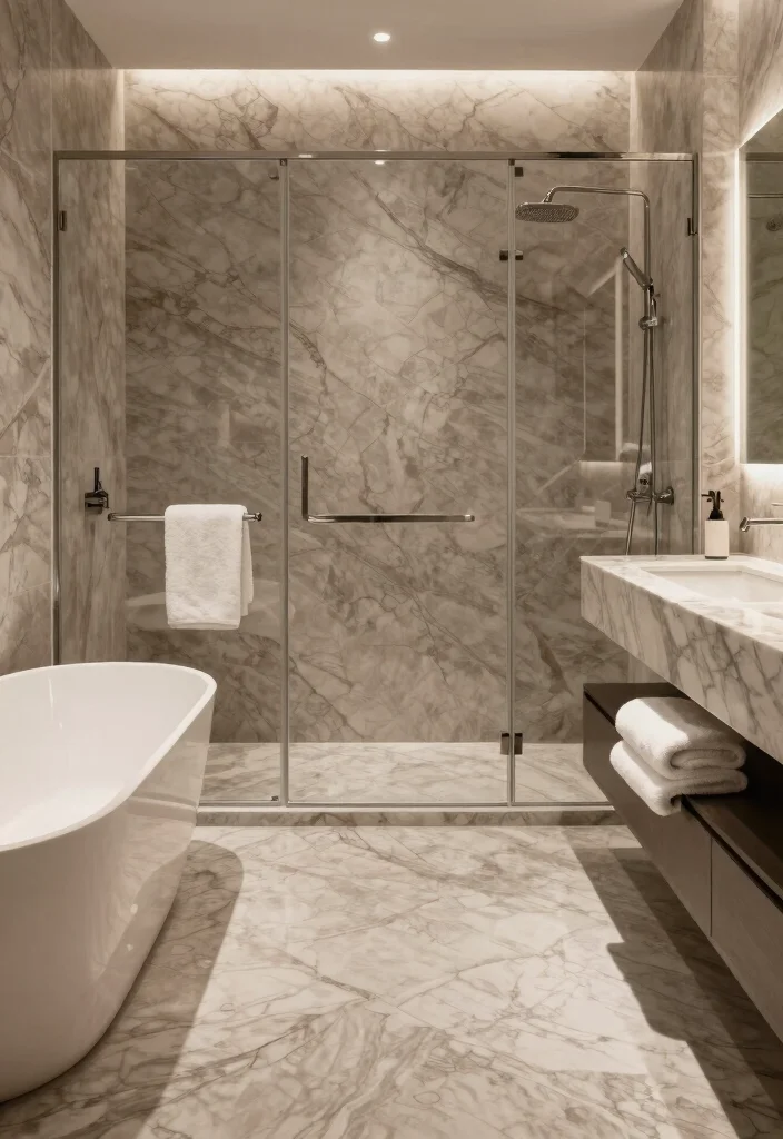 12 Neutral Bathroom Tile Ideas for a Calm Modern Base 6. Luxurious Taupe Marble 0