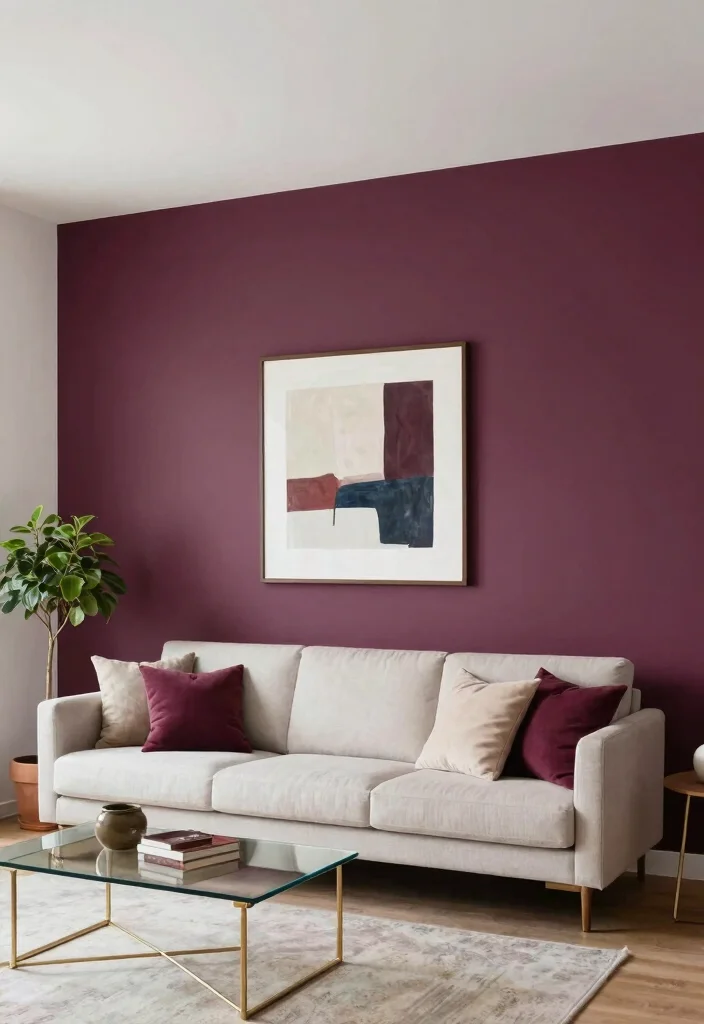 12 Plum Living Room Ideas with Rich Color Mood 1. Accent Walls That Speak Volumes 0