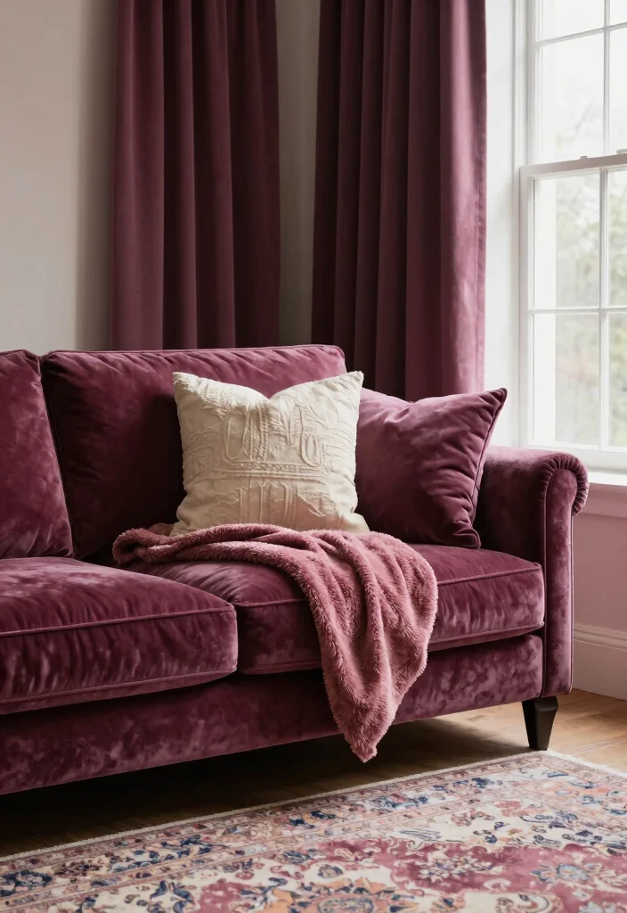 12 Plum Living Room Ideas with Rich Color Mood 2. Plush Plum Textiles 0
