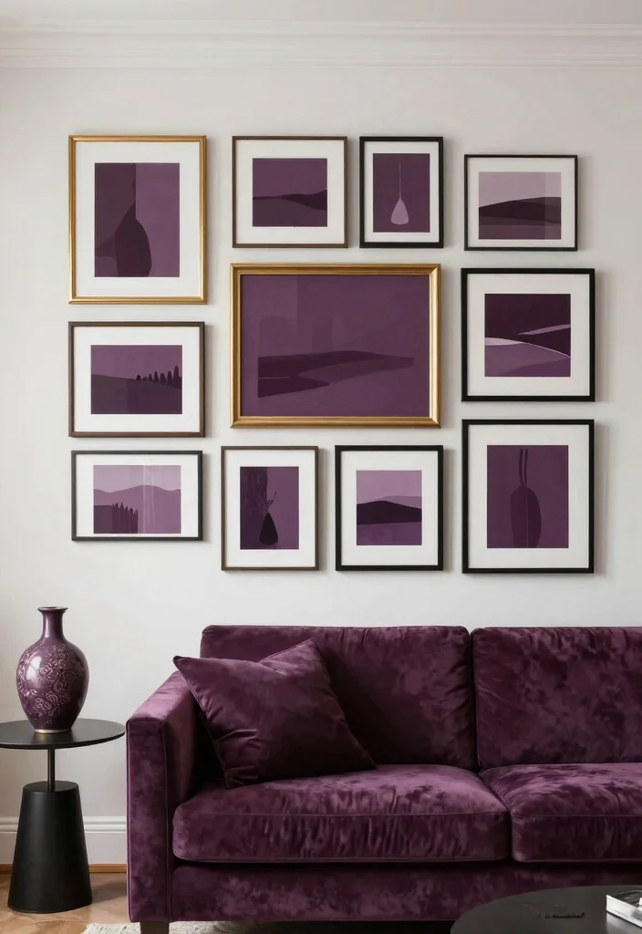 12 Plum Living Room Ideas with Rich Color Mood 3. Artful Plum Accents 0