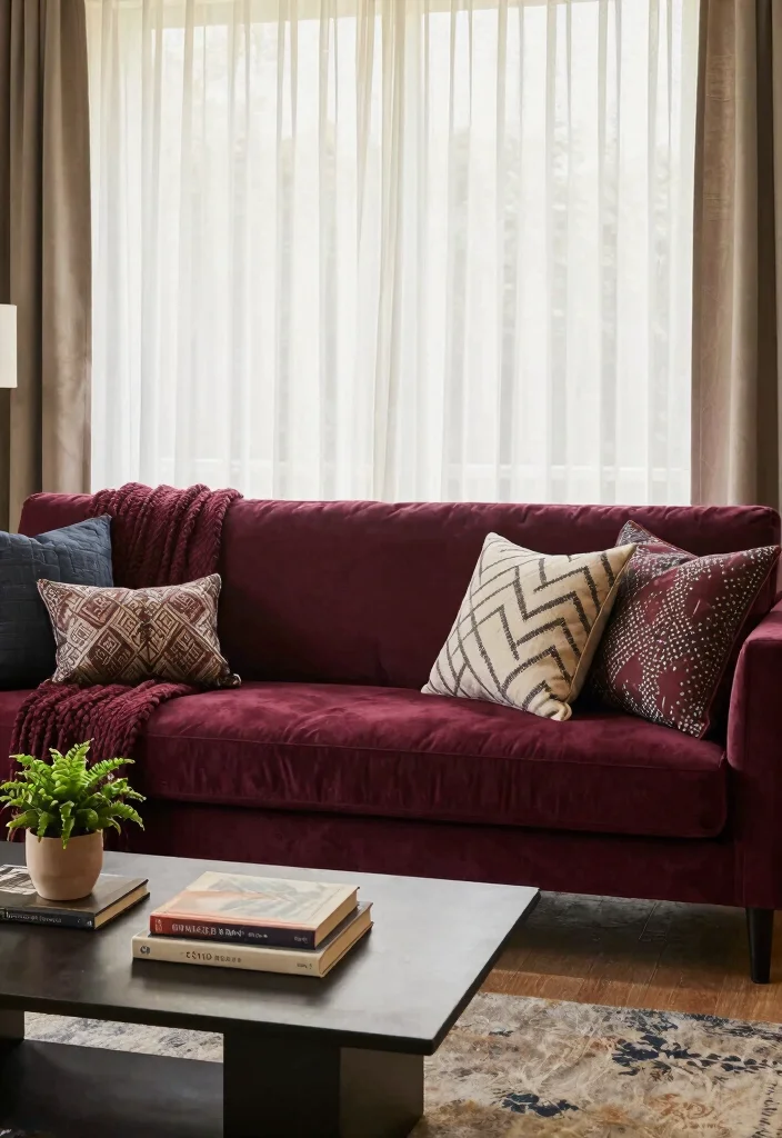 12 Plum Living Room Ideas with Rich Color Mood 5. Focal Point Fabrics 0