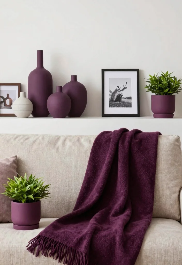 12 Plum Living Room Ideas with Rich Color Mood 7. Decorative Accessories in Plum 0