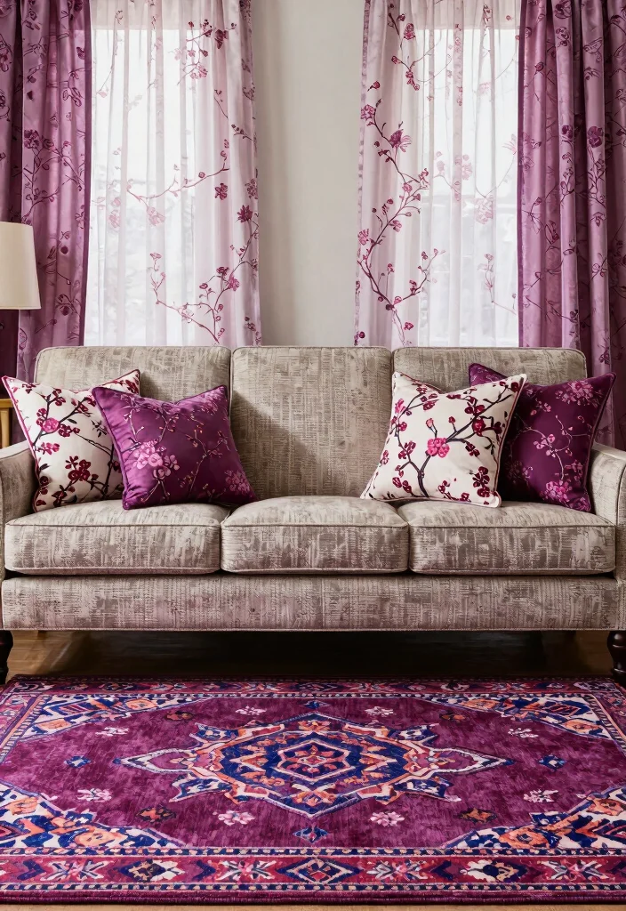 12 Plum Living Room Ideas with Rich Color Mood 8. Layering Patterns 0