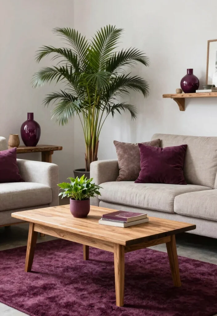 12 Plum Living Room Ideas with Rich Color Mood 9. Use of Natural Elements 0