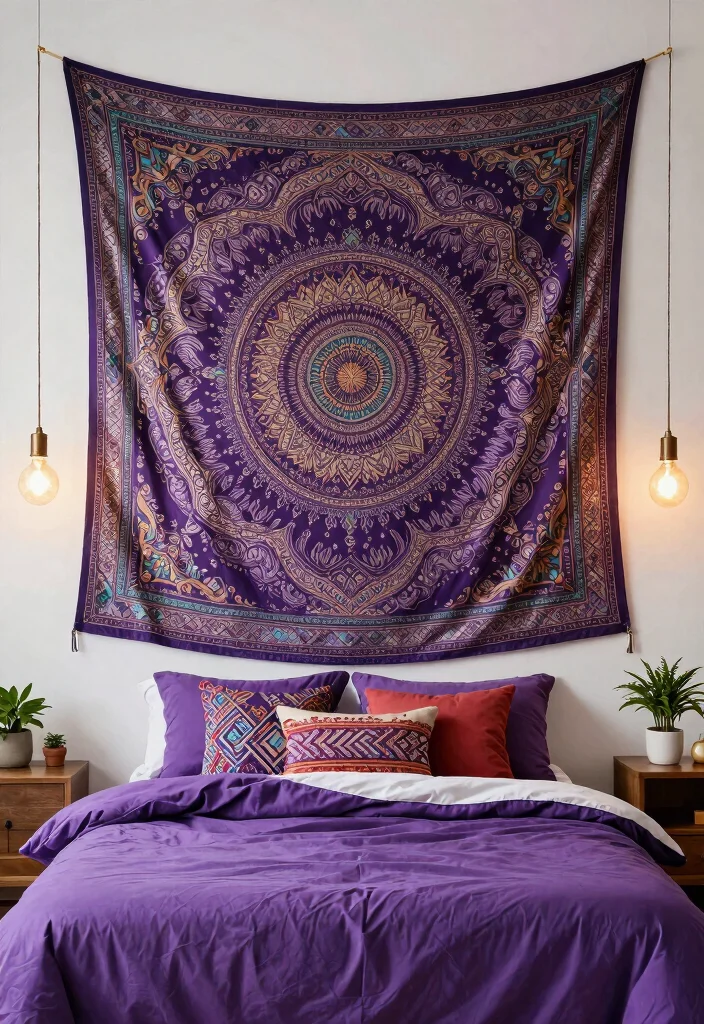 12 Purple Bedroom Ideas for Teens with Personality 2. Boho Wall Tapestry 0
