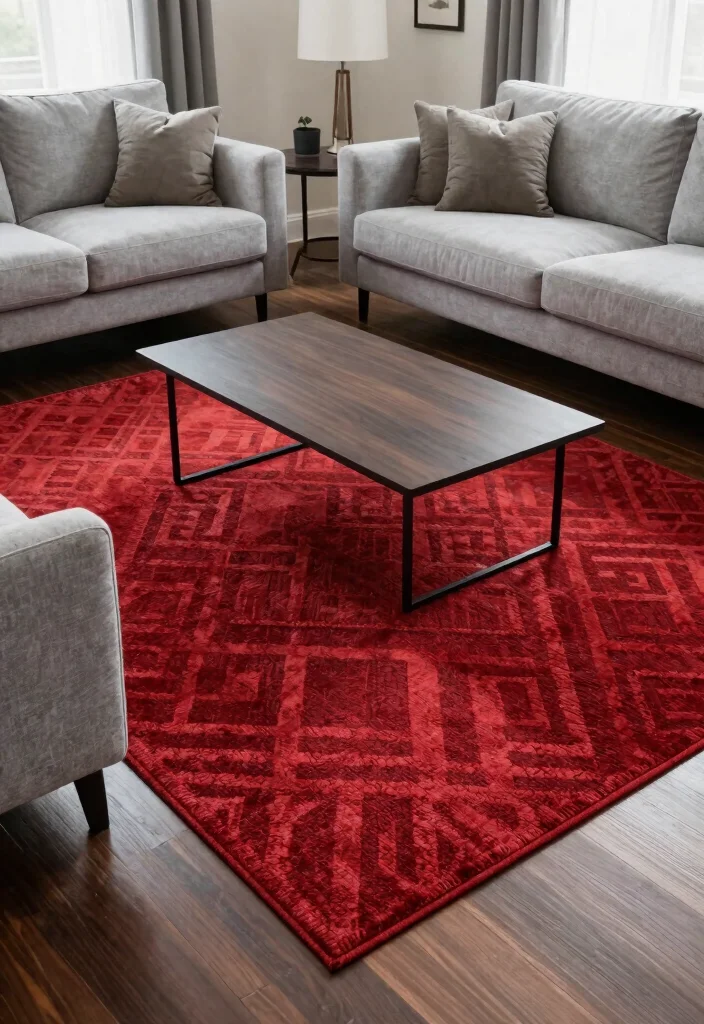 12 Red Living Room Decor Ideas with Strong Personality 23 12 Red Living Room Decor Ideas with Strong Personality 3. Red Area Rugs 0