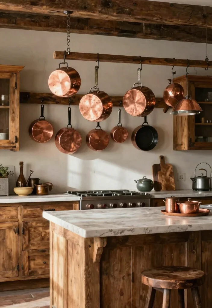 12 Rustic Kitchen Ideas with Warm Natural Texture 7. Stylishly Display Cookware 0