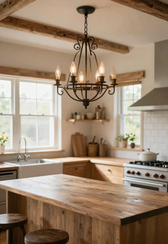 12 Small Country Kitchen Ideas with Cozy Charm 5. Rustic Lighting Fixtures 0