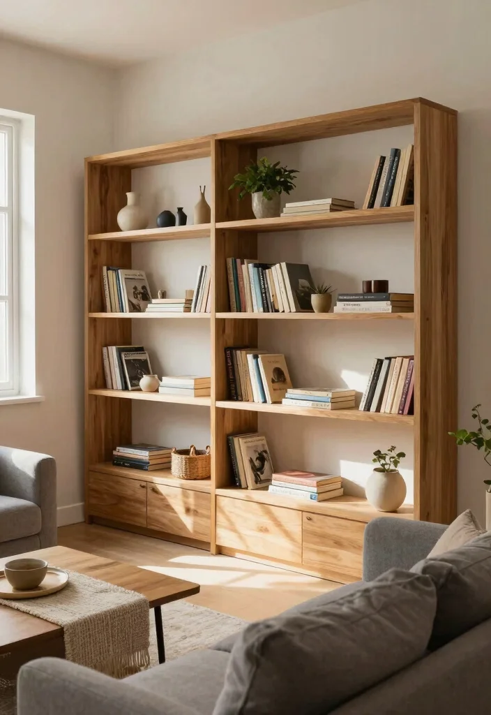 12 Small Long Living Room Ideas with Better Balance 1. Open Shelf Elegance 0