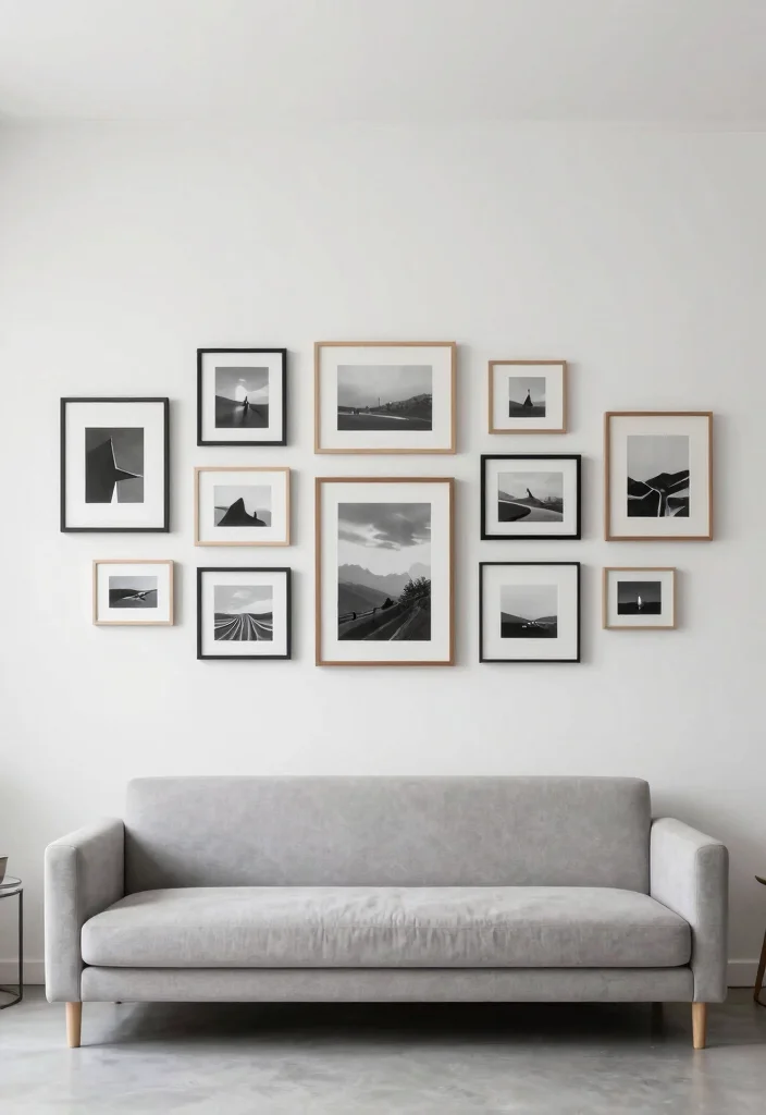 12 Small Long Living Room Ideas with Better Balance 6. Minimalist Gallery Wall 0