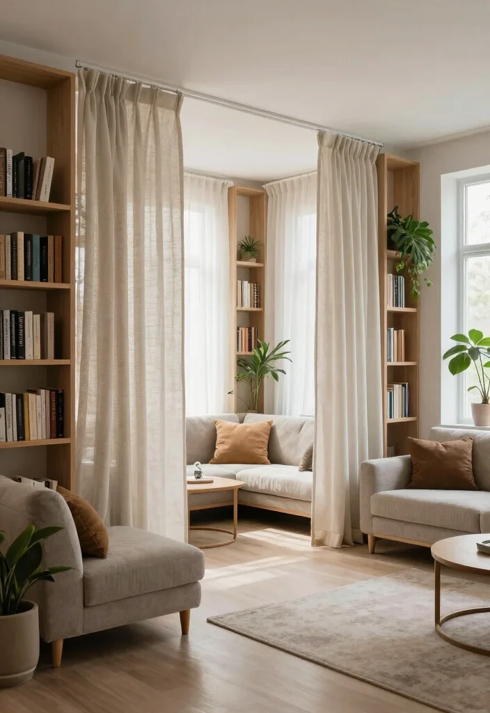 12 Small Long Living Room Ideas with Better Balance 9. Soft Dividers 0