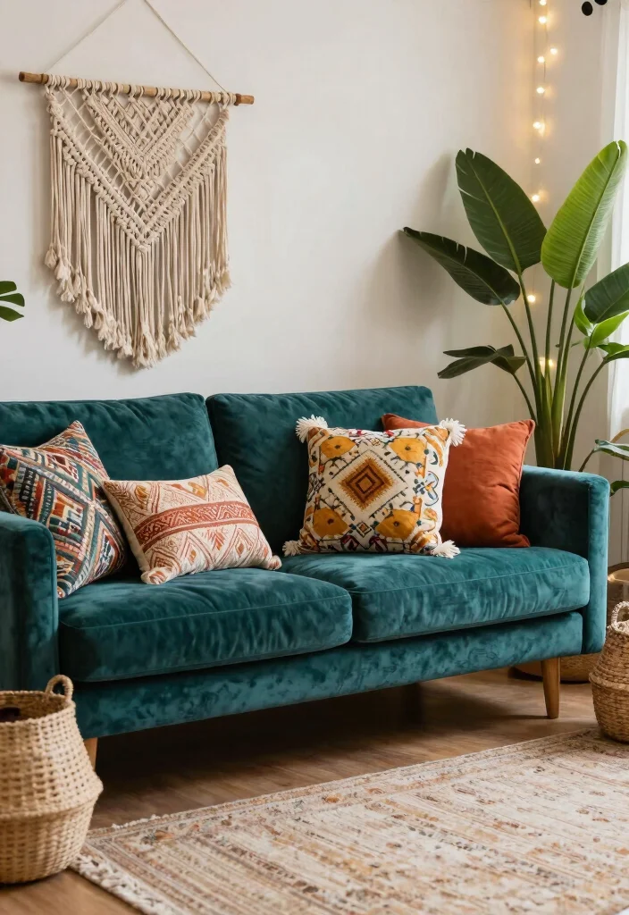 12 Velvet Sofa Living Room Ideas with Soft Texture 24 12 Velvet Sofa Living Room Ideas with Soft Texture 4. Bohemian Luxe 0