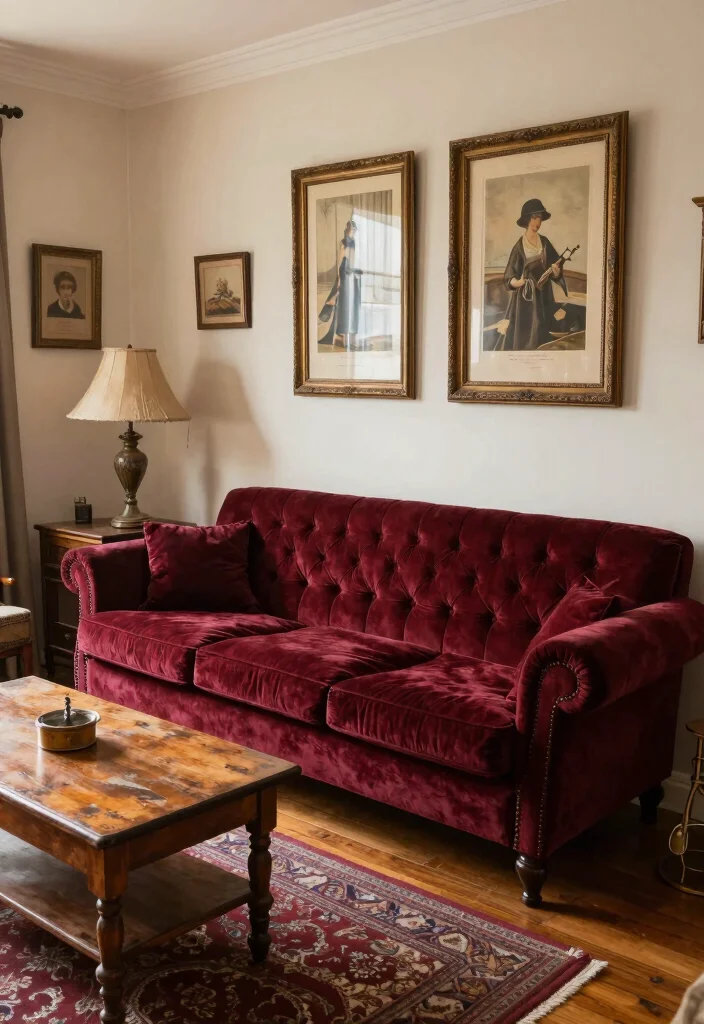 12 Velvet Sofa Living Room Ideas with Soft Texture 35 12 Velvet Sofa Living Room Ideas with Soft Texture 5. Vintage Charm 0
