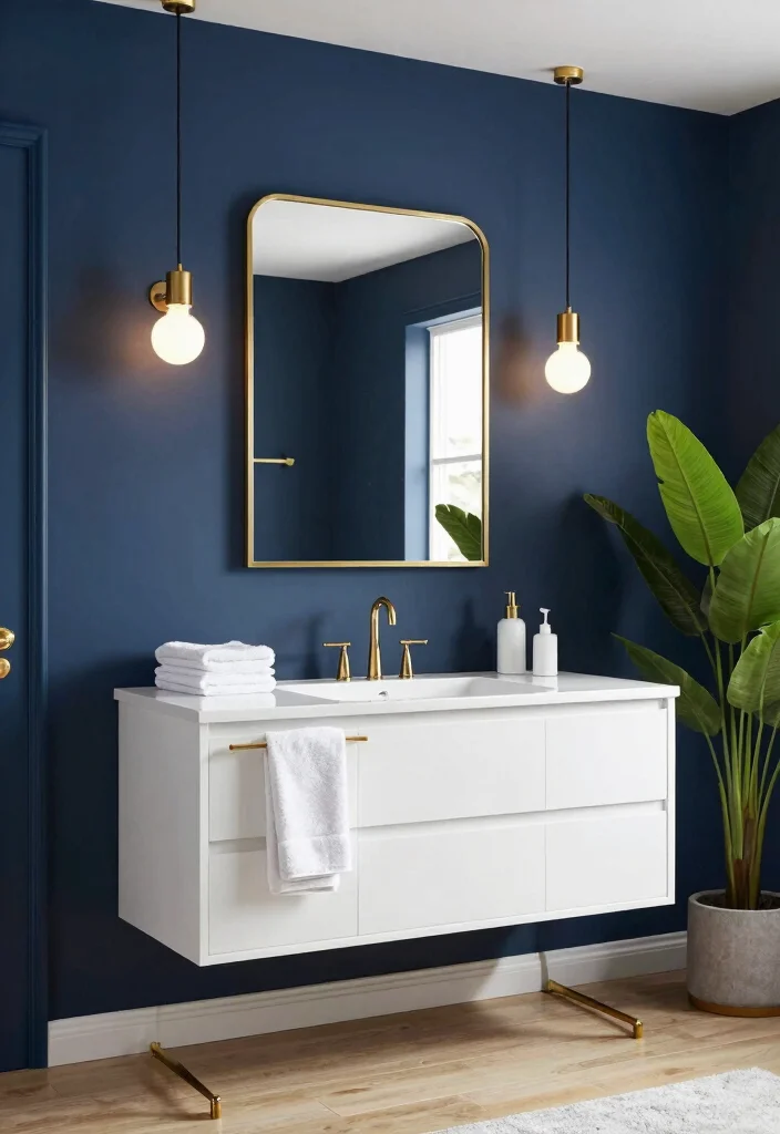 14 Bathroom Color Ideas to Set the Right Mood 38 14 Bathroom Color Ideas to Set the Right Mood 8. Deep Navy Elegance 0