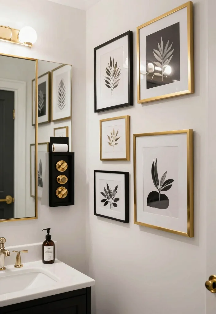 14 Black White and Gold Bathroom Ideas with Luxe Contrast 11. Beautifully Framed Artwork 0