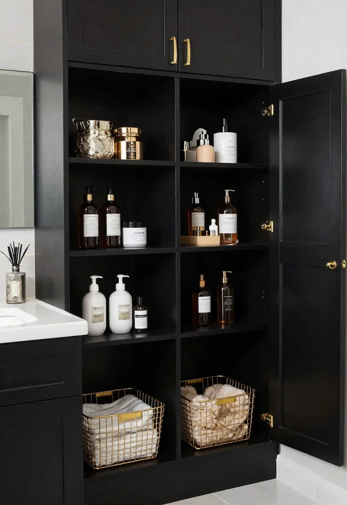 14 Black White and Gold Bathroom Ideas with Luxe Contrast 12. Smart Storage Solutions 0