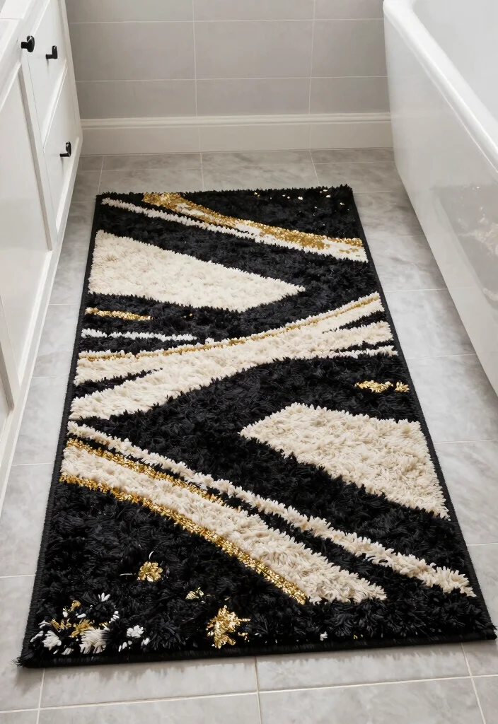 14 Black White and Gold Bathroom Ideas with Luxe Contrast 13. Cozy Rugs with Luxe Touch 0