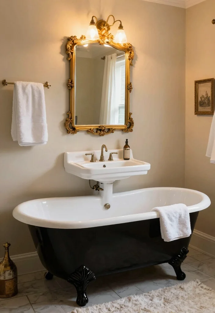 14 Black White and Gold Bathroom Ideas with Luxe Contrast 2. Vintage Glamour 0