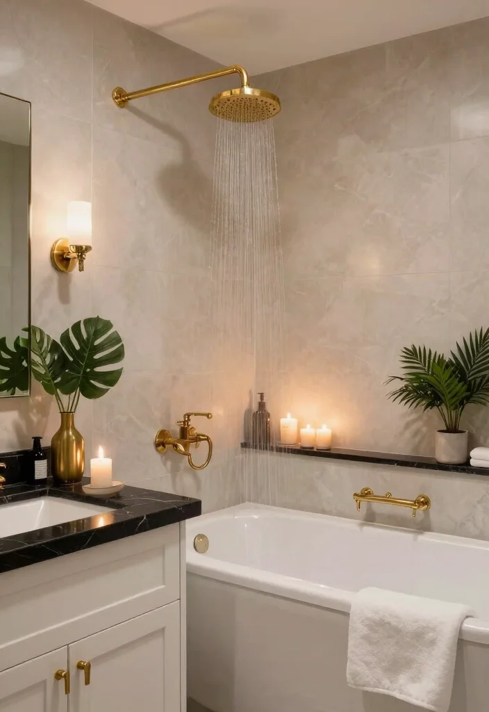 14 Black White and Gold Bathroom Ideas with Luxe Contrast 3. Luxurious Spa Retreat 0