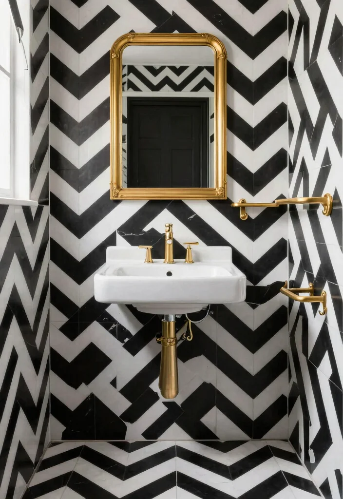 14 Black White and Gold Bathroom Ideas with Luxe Contrast 4. Bold Graphic Patterns 0