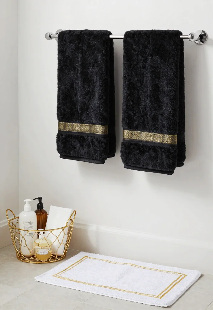 14 Black White and Gold Bathroom Ideas with Luxe Contrast 5. Opulent Textiles 0