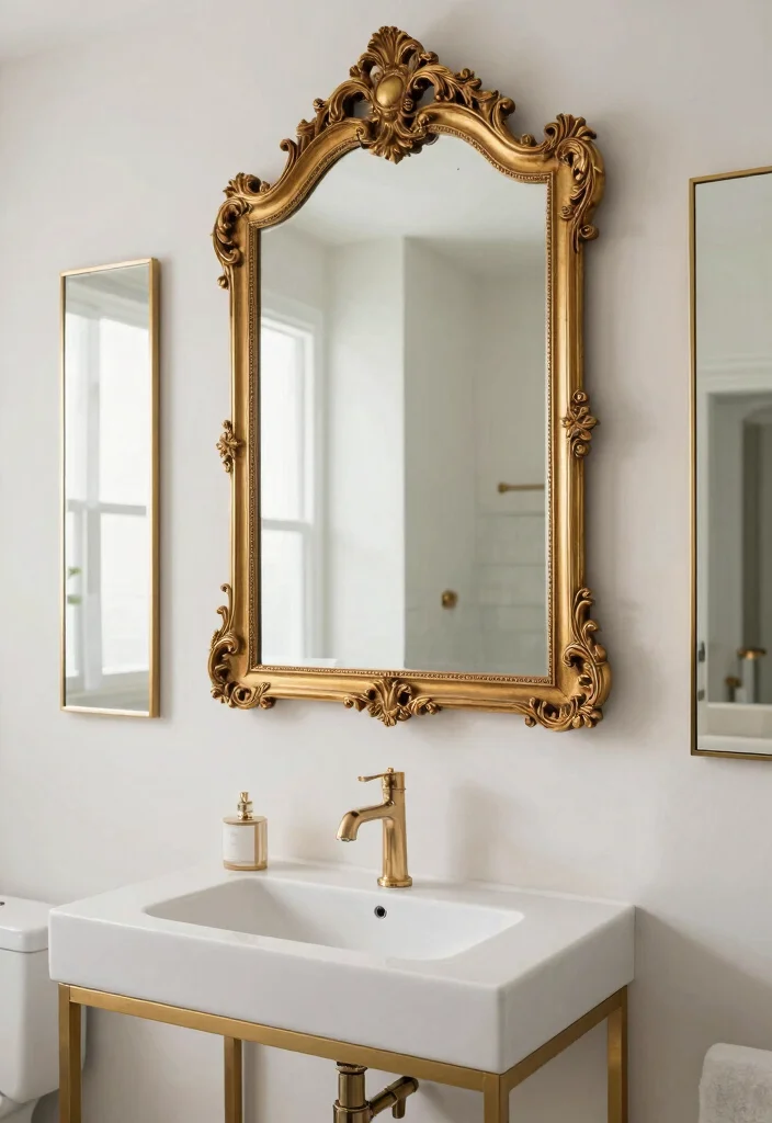 14 Black White and Gold Bathroom Ideas with Luxe Contrast 7. Gold Accented Mirrors 0