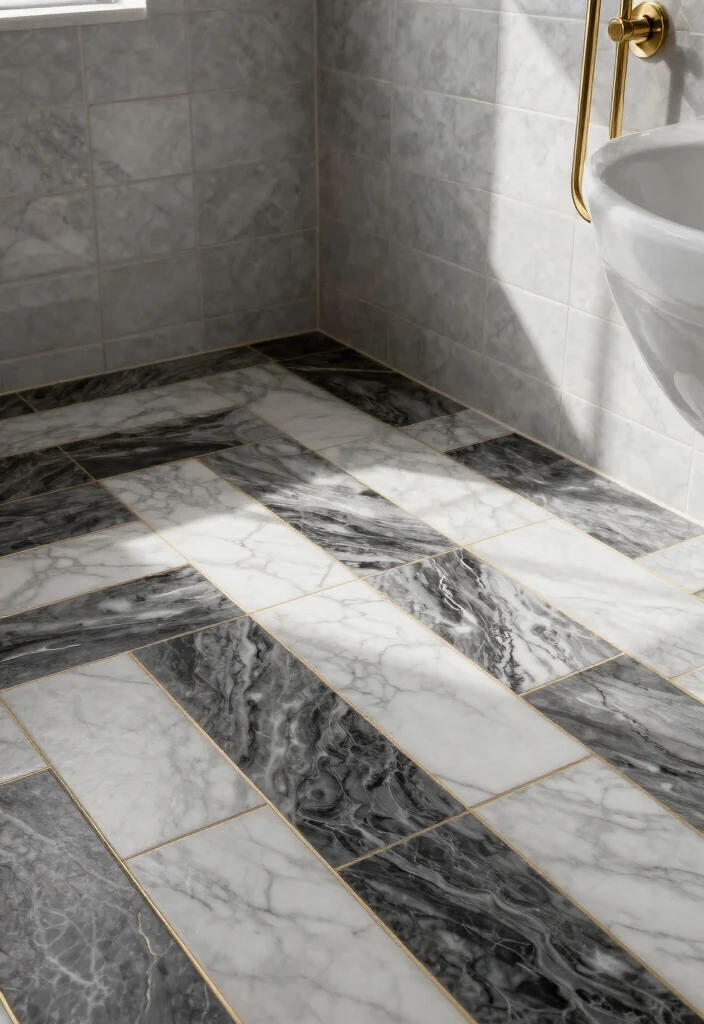 14 Black White and Gold Bathroom Ideas with Luxe Contrast 8. Monochrome Tiles with Gold Grout 0