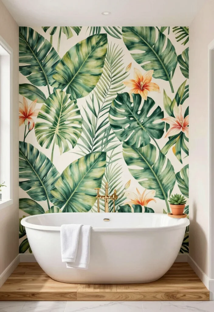 14 Botanical Bathroom Ideas with Fresh Natural Energy 2. Botanical Wallpaper for Statement Walls 0