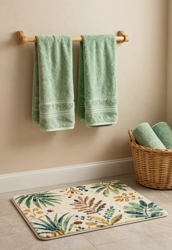 14 Botanical Bathroom Ideas with Fresh Natural Energy 4. Green Accents with Towels and Rugs 0
