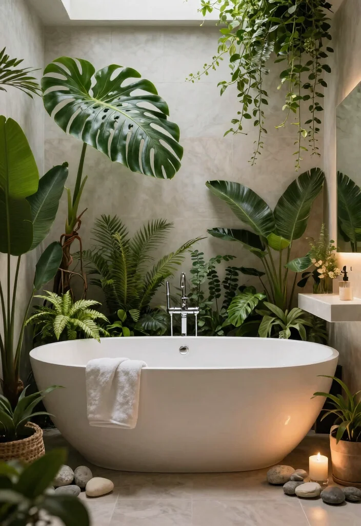 14 Botanical Bathroom Ideas with Fresh Natural Energy 7. A Bathtub Oasis with Greenery 0