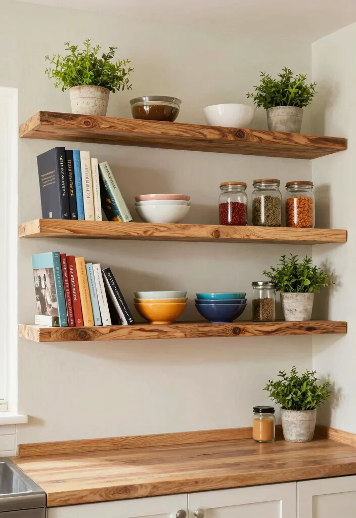 14 Kitchen Wall Decorating Ideas for a Finished Look 5. Rustic Floating Shelves 0