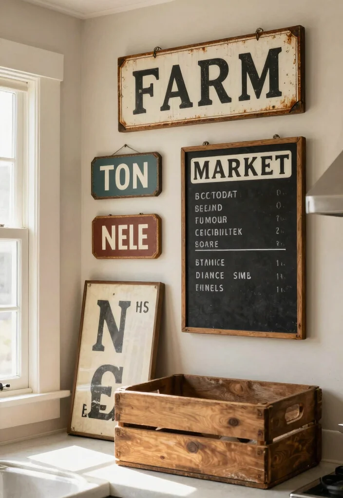 14 Kitchen Wall Decorating Ideas for a Finished Look 7. Vintage Signage 0