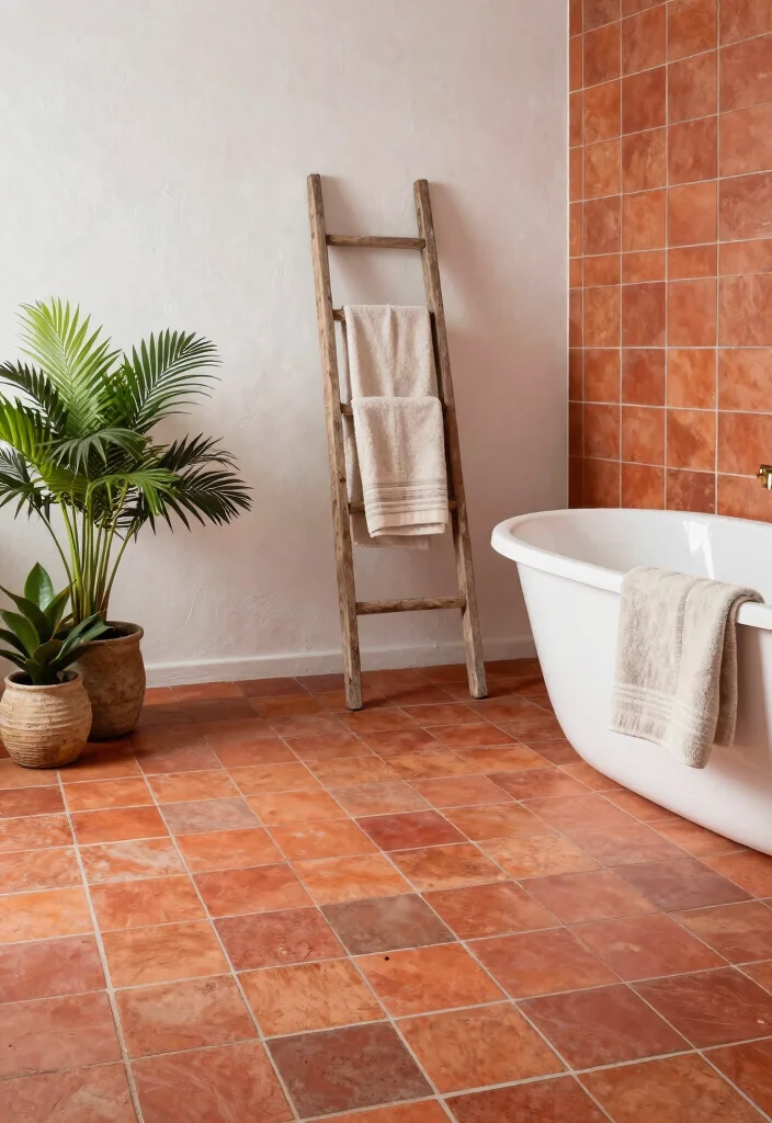 14 Mediterranean Bathroom Ideas with Warm Coastal Style 5. Terra Cotta Tiles 0