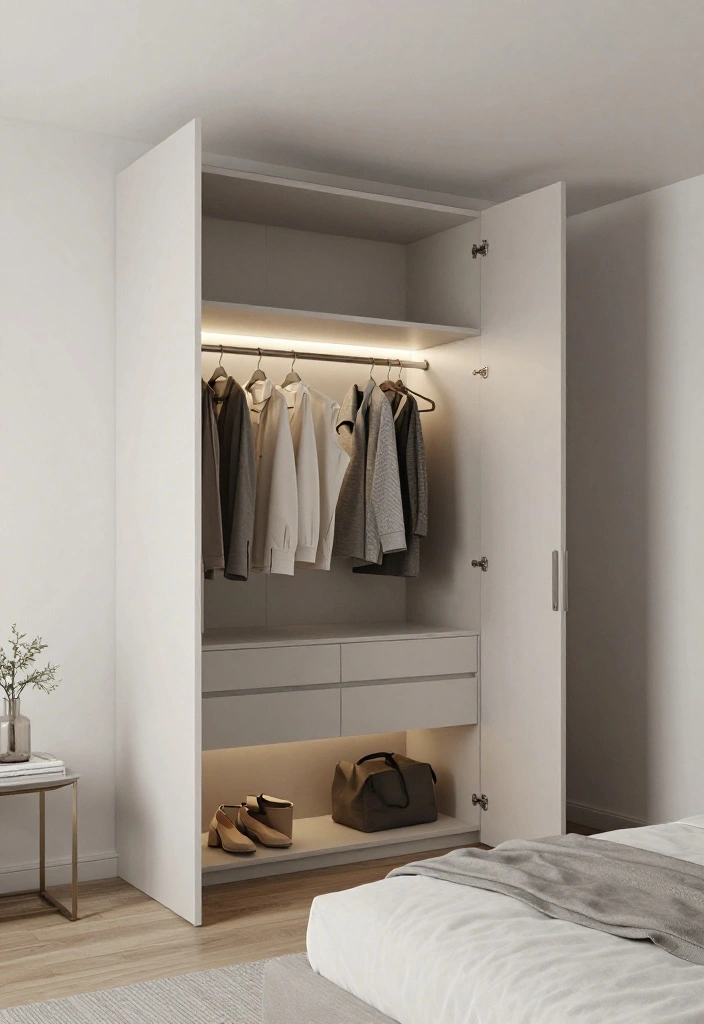 14 Modern Bedroom Wardrobe Ideas with Clean Design 3. Minimalist Wardrobe with Integrated Lighting 0