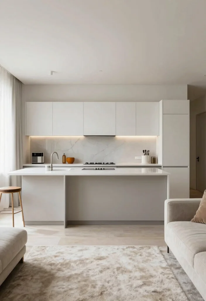 14 Open Kitchen Ideas with Living Room Flow 7. Minimalist Color Palette 0