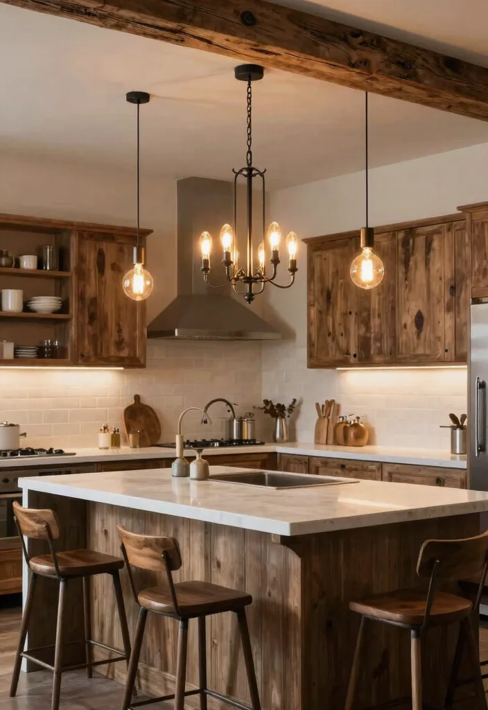 14 Rustic Modern Kitchen Ideas with Balanced Style 6. Lighting Matters 0
