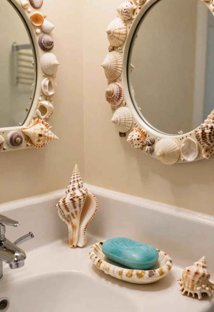 14 Seaside Bathroom Ideas with Breezy Coastal Vibes 12. Seashell Embedded Accessories 0