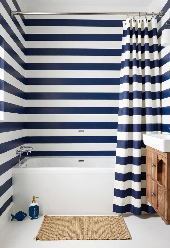 14 Seaside Bathroom Ideas with Breezy Coastal Vibes 2. Nautical Stripes 0