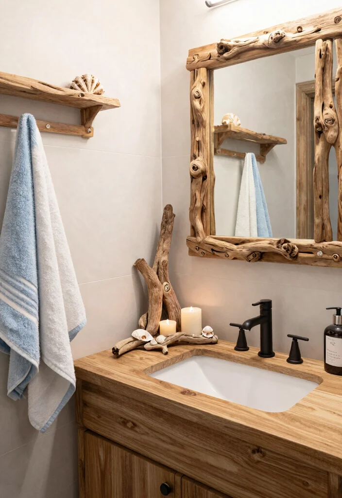 14 Seaside Bathroom Ideas with Breezy Coastal Vibes 3. Driftwood Accents 0